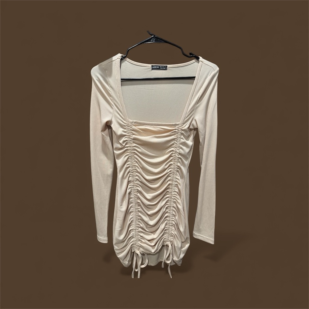 SHEIN Cream Ruched Long Sleeve Blouse